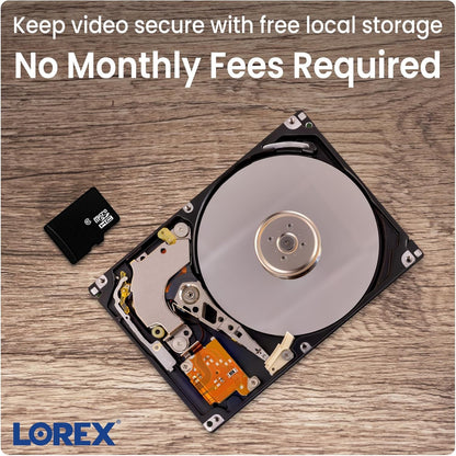 Close up of a hard drive and a microSD card on a wooden surface with Lorex local storage text overlay