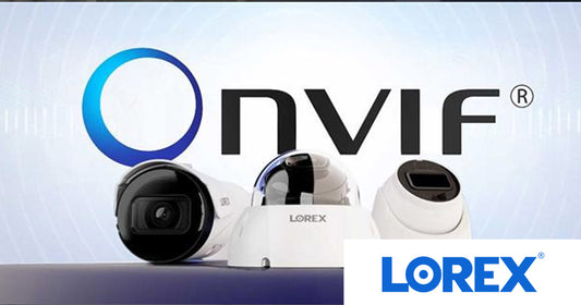 Lorex ONVIF security cameras displayed in front of a large ONVIF logo, promoting the blog about why Lorex ONVIF cameras are the best replacement for banned brands.