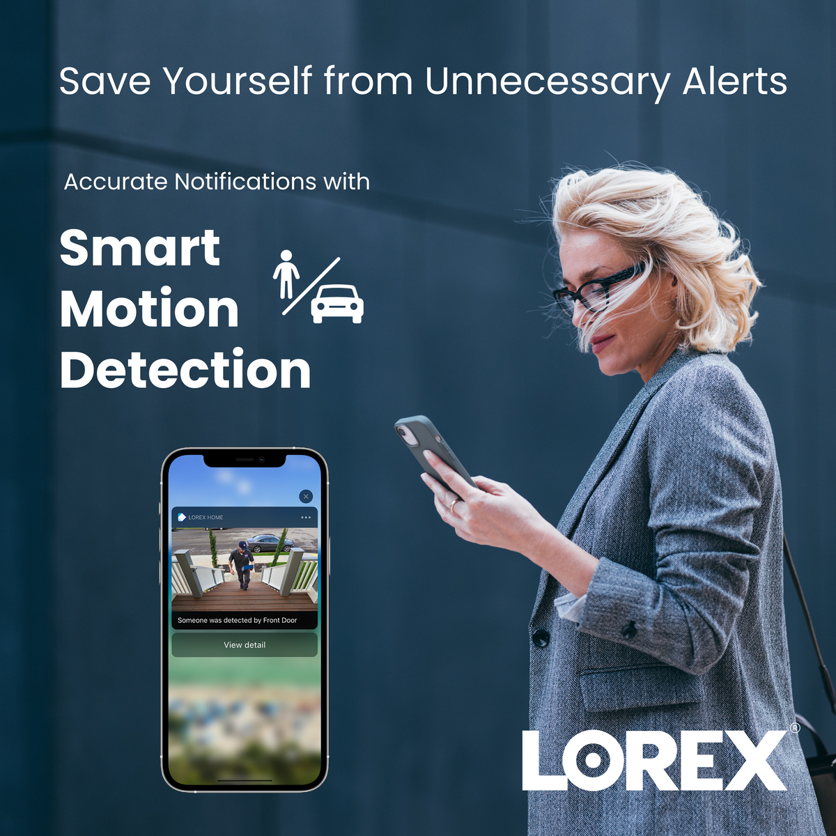 Woman using a smartphone to view a Lorex Color Night Vision alert in an advertisement for the Lorex app.