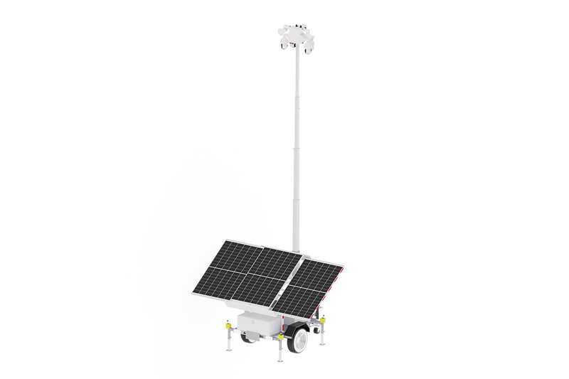 Mobile solar-powered security camera trailer system featuring large solar panels, a tall extendable mast, and multiple mounted security cameras for remote surveillance.