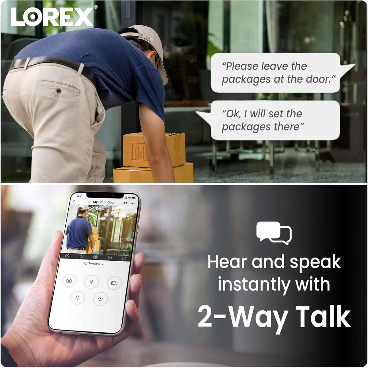 Delivery worker bending to place packages outside a glass storefront with Lorex logo in the corner