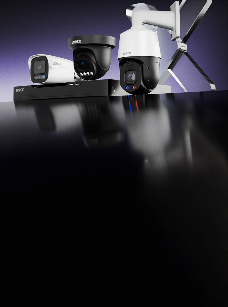 Lorex X Series security cameras and NVR system on display, showcasing advanced smart home and property surveillance