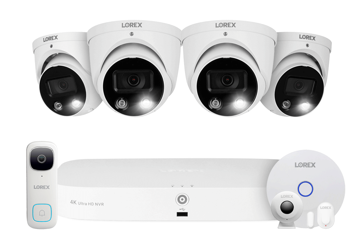 Lorex Fusion 4K 8-Channel 2TB Wired NVR System with 4 Dome Cameras + 2K Wi-Fi Video Doorbell and Smart Sensor Kit