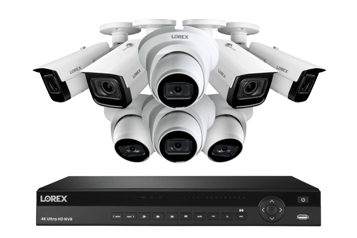Lorex Nocturnal 4k 16-Channel 4TB Wired NVR System with 4 Smart IP Bullet Cameras and 4 Smart IP Dome Cameras, 30FPS Recording and Listen In Audio - White