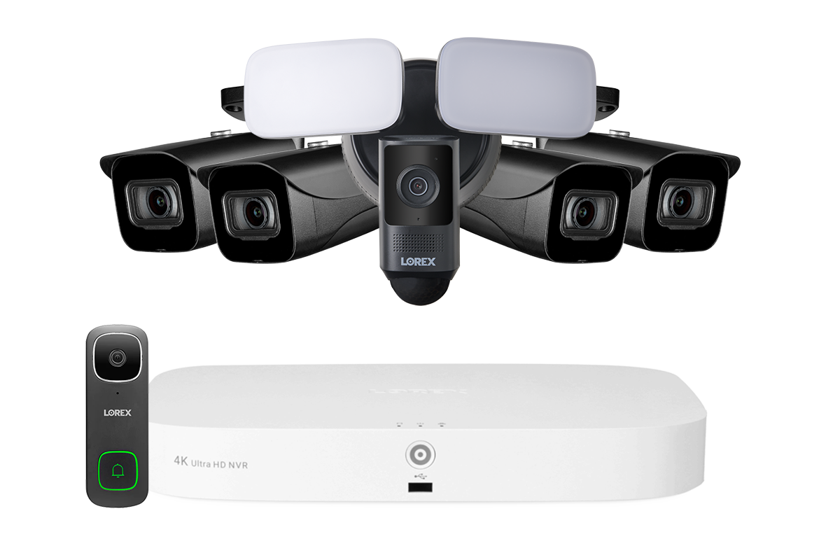 Lorex Fusion 4K 16 Camera Capable (8 Wired + 8 Wi-Fi) 2TB NVR System with 4 IP Bullet Cameras, 2K Wired Video Doorbell, and 2K Floodlight