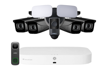 Lorex Fusion 4K 16 Camera Capable (8 Wired + 8 Wi-Fi) 2TB NVR System with 4 IP Bullet Cameras, 2K Wired Video Doorbell, and 2K Floodlight
