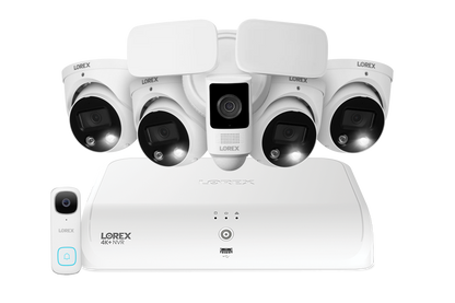 Lorex Fusion 4K 16 Camera Capable (8 Wired + 8 Fusion Wi-Fi) 2TB NVR System with Four H13 IP Dome Cameras, One 2K Battery Operated Doorbell, and One 2K Floodlight