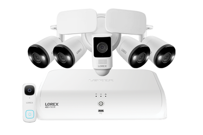 Lorex Fusion 4K 16 Camera Capable (8 Wired + 8 Fusion Wi-Fi) 2TB NVR System with Four H13 IP Bullet Cameras, One 2K Battery Operated Doorbell, and One 2K Floodlight