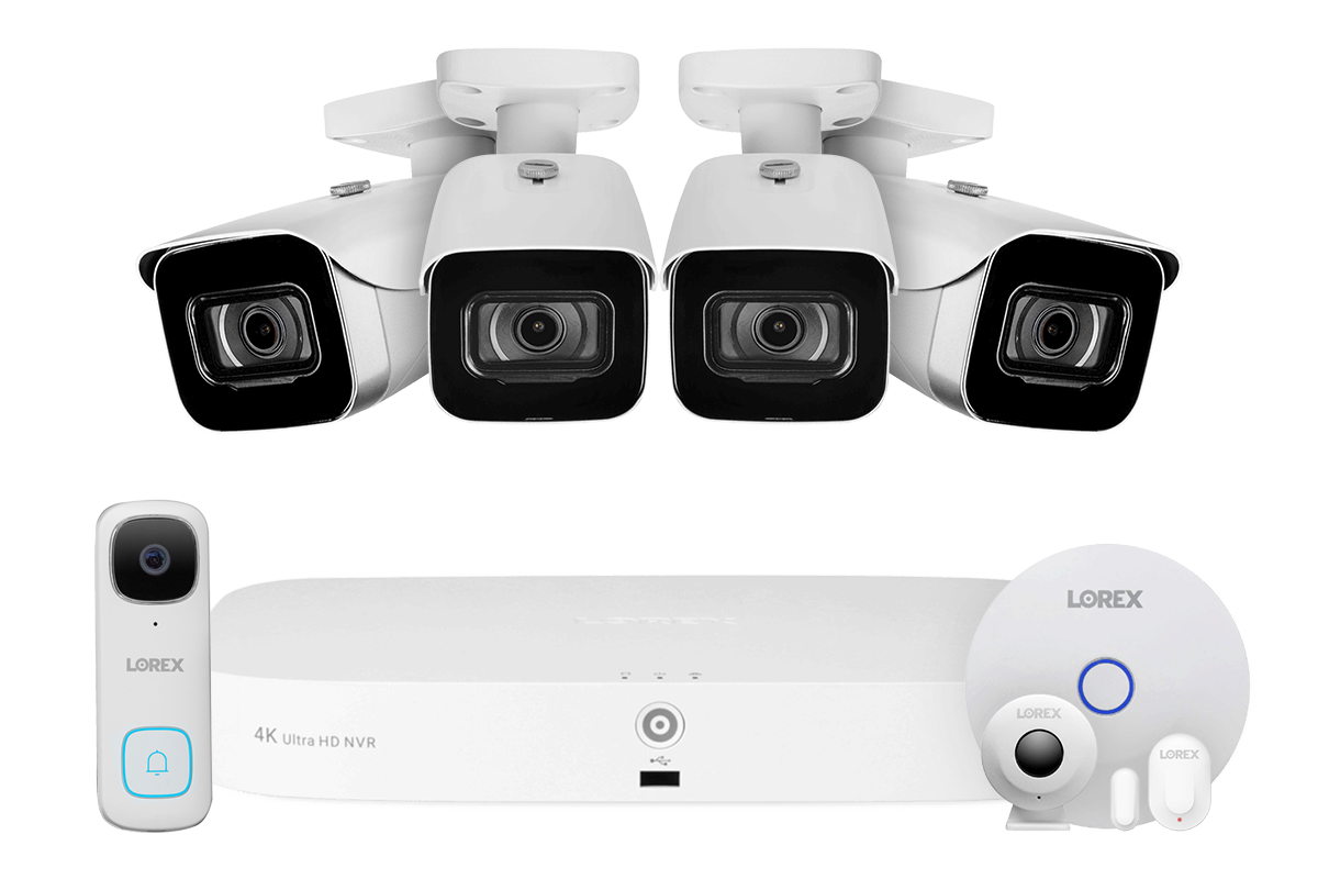 8-Channel NVR Fusion System with Four 4K (8MP) IP Cameras, 2K Wi-Fi Video Doorbell, and Smart Sensor Starter Kit