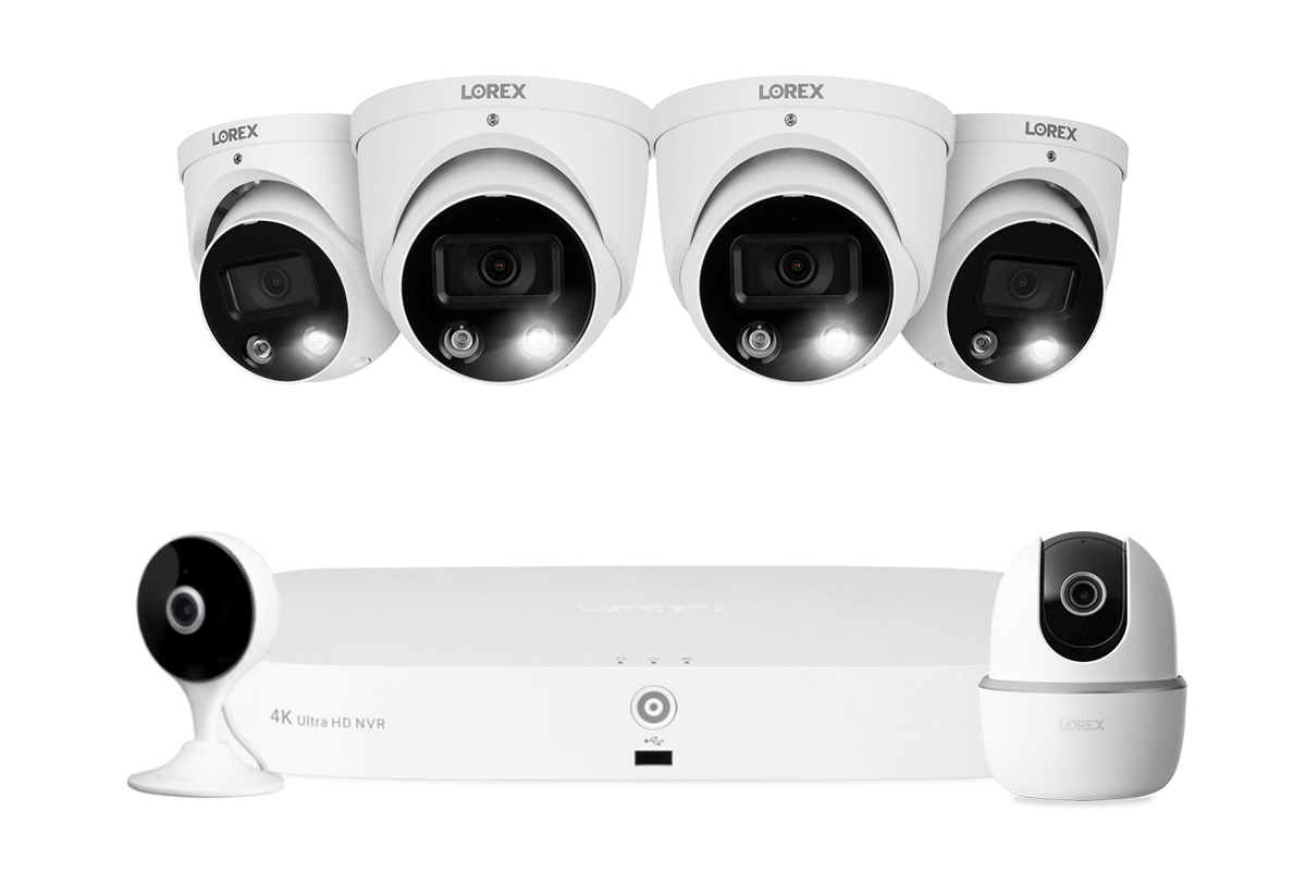 Lorex Fusion 4K 16 Camera Capable (8 Wired + 8 Wi-Fi) 2TB NVR System with 4 Smart Deterrence Dome Cameras, One 2K Pan-Tilt Cmaera, and One 2K Indoor Wi-Fi Camera