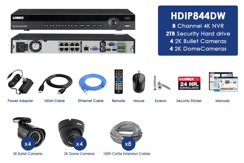 8 channel home security system with 2K resolution IP cameras, 130ft color night vision