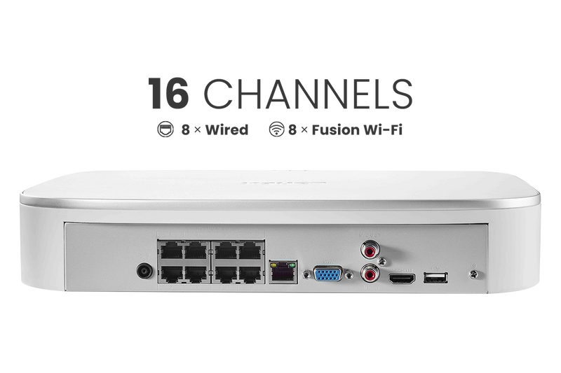 Lorex Fusion 4K 16-Channel (8 Wired + 8 Wi-Fi) 2TB NVR System with Dome Cameras Featuring Smart Deterrence and 2-Way Audio