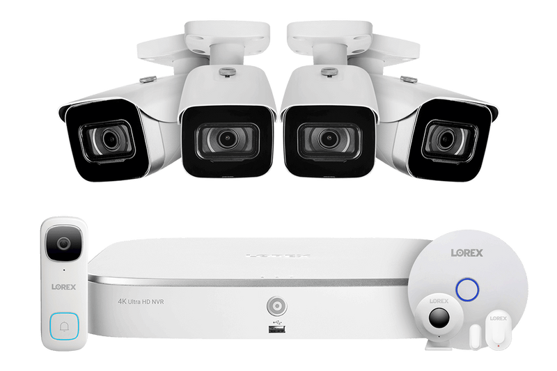 Lorex Fusion 4K 16 Camera Capable (8 Wired + 8 Wi-Fi) 2TB NVR System with 4 IP Bullet Cameras, 2K Wired Doorbell and Sensor Kit