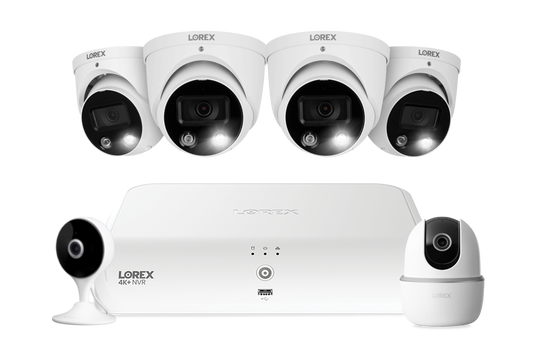 Lorex Fusion 4K 16 Camera Capable (8 Wired + 8 Fusion Wi-Fi) 2TB NVR System with Four H13 IP Dome Cameras, One 2K Pan-Tilt Cmaera, and One 2K Indoor Wi-Fi Camera
