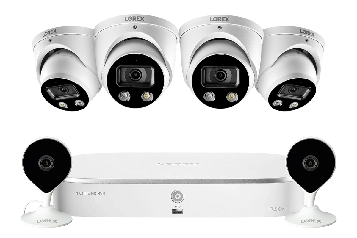 8-Channel NVR Fusion System with Four Smart Deterrence IP Dome Security Cameras and Two Indoor Wi-Fi Cameras
