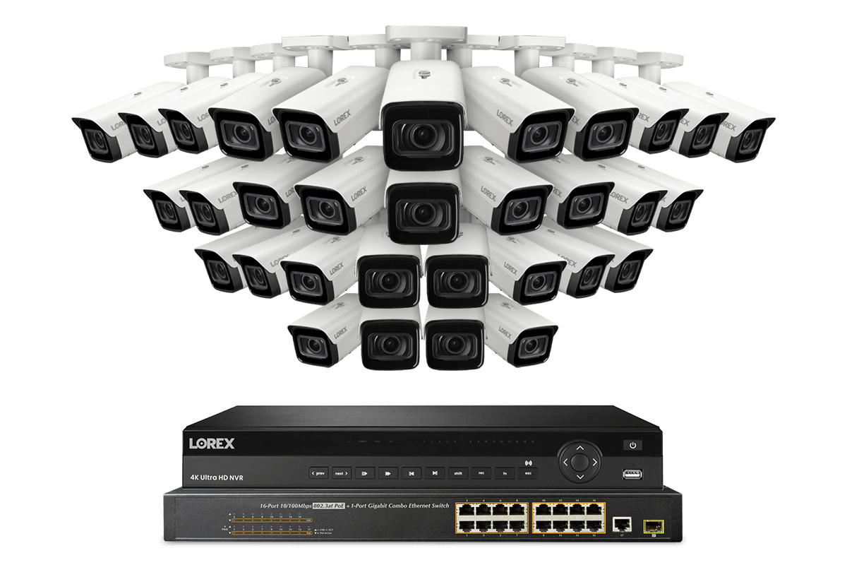 Lorex 4K 32-Channel 8TB Wired NVR System with Nocturnal 4 Smart IP Bullet Cameras Featuring Motorized Varifocal Lens, Vandal Resistant and 30FPS Recording