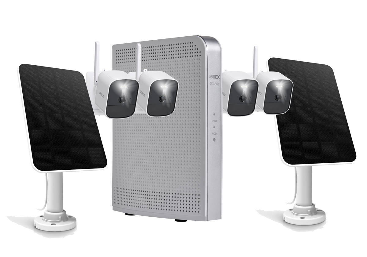 Lorex 4K NVR System with 4 White Battery-Operated Cameras with 2 Solar Panels