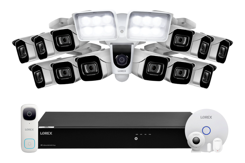 Lorex Fusion 4K (16 Camera Capable) 3TB Wired NVR System with 12 IP Bullet Cameras, One 2K Video Doorbell, One 1080P Floodlight and Smart Sensor Kit