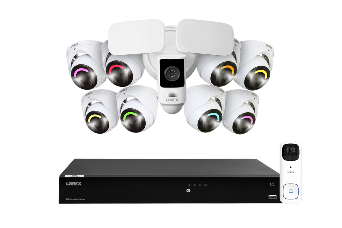Lorex Fusion 4K (16 Camera Capable) 4TB Wired NVR System with 8 Smart Security Lighting IP Dome Cameras, One 2K Battery-Operated Doorbell, and One 2K Outdoor Floodlight