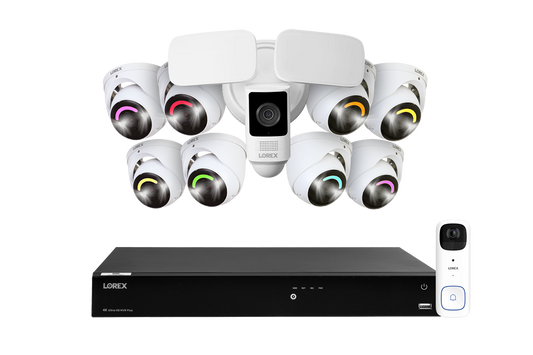 Lorex Fusion 4K (16 Camera Capable) 4TB Wired NVR System with 8 Smart Security Lighting IP Dome Cameras, One 2K Battery-Operated Doorbell, and One 2K Outdoor Floodlight