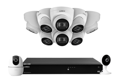 Lorex Fusion 4K (16 Camera Capable) 4TB Wired NVR System with 8 White IP Dome Cameras, One 2K Pan-Tilt Indoor Wi-Fi Camera and One 2K Indoor Wi-Fi Camera