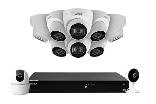 Lorex Fusion 4K (16 Camera Capable) 4TB Wired NVR System with 8 White IP Dome Cameras, One 2K Pan-Tilt Indoor Wi-Fi Camera and One 2K Indoor Wi-Fi Camera