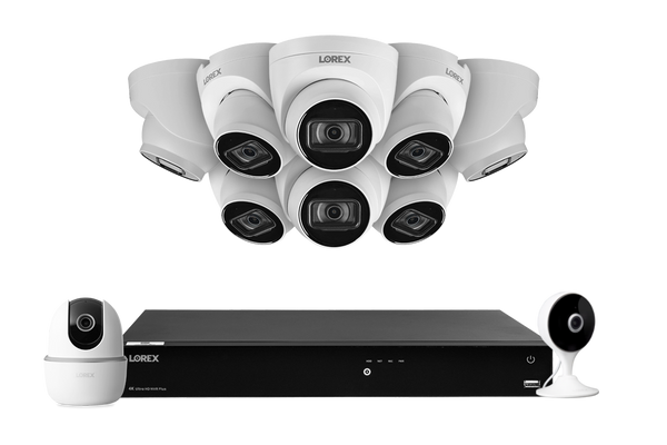 Lorex Fusion 4K (16 Camera Capable) 4TB Wired NVR System with 8 White IP Dome Cameras, One 2K Pan-Tilt Indoor Wi-Fi Camera and One 2K Indoor Wi-Fi Camera