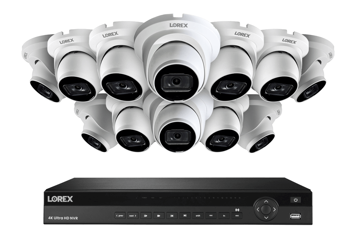 16-Channel Nocturnal NVR System with 12 4K (8MP) Smart IP White Dome Security Cameras with Real-Time 30FPS Recording and Listen-in Audio
