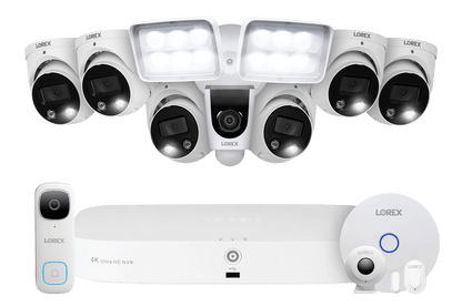 Lorex Fusion 4K 8-Channel 2TB Wired NVR System with 6 Dome Cameras + 2K Wi-Fi Video Doorbell, Wi-Fi Floodlight Camera and Smart Sensor Kit
