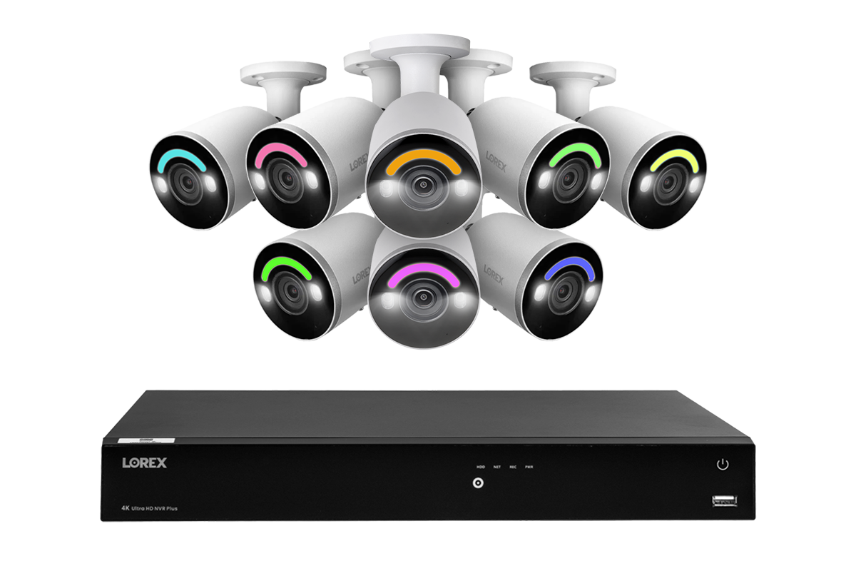 Lorex Fusion 4K (16 Camera Capable) 4TB Wired NVR System with Eight Bullet Camera Featuring Smart Security Lighting and 2-Way Audio