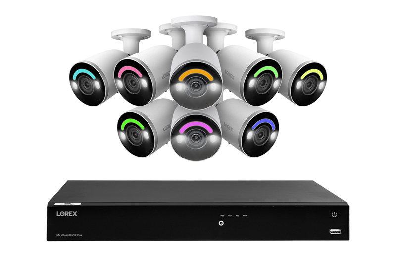 Lorex Fusion 4K (16 Camera Capable) 4TB Wired NVR System with Eight Bullet Camera Featuring Smart Security Lighting and 2-Way Audio