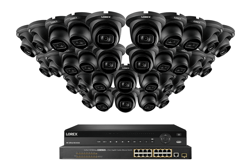Lorex 4K (32 Camera Capable) 8TB Wired NVR System with Nocturnal 3 32 Black Smart IP Dome Cameras Featuring Listen-In Audio and 30FPS Recording