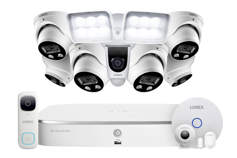 8-Channel NVR Fusion System with Six 4K HD Smart Deterrence IP Dome Cameras, 2K Wi-Fi Video Doorbell, Wi-Fi Floodlight Camera and Smart Sensor Starter Kit