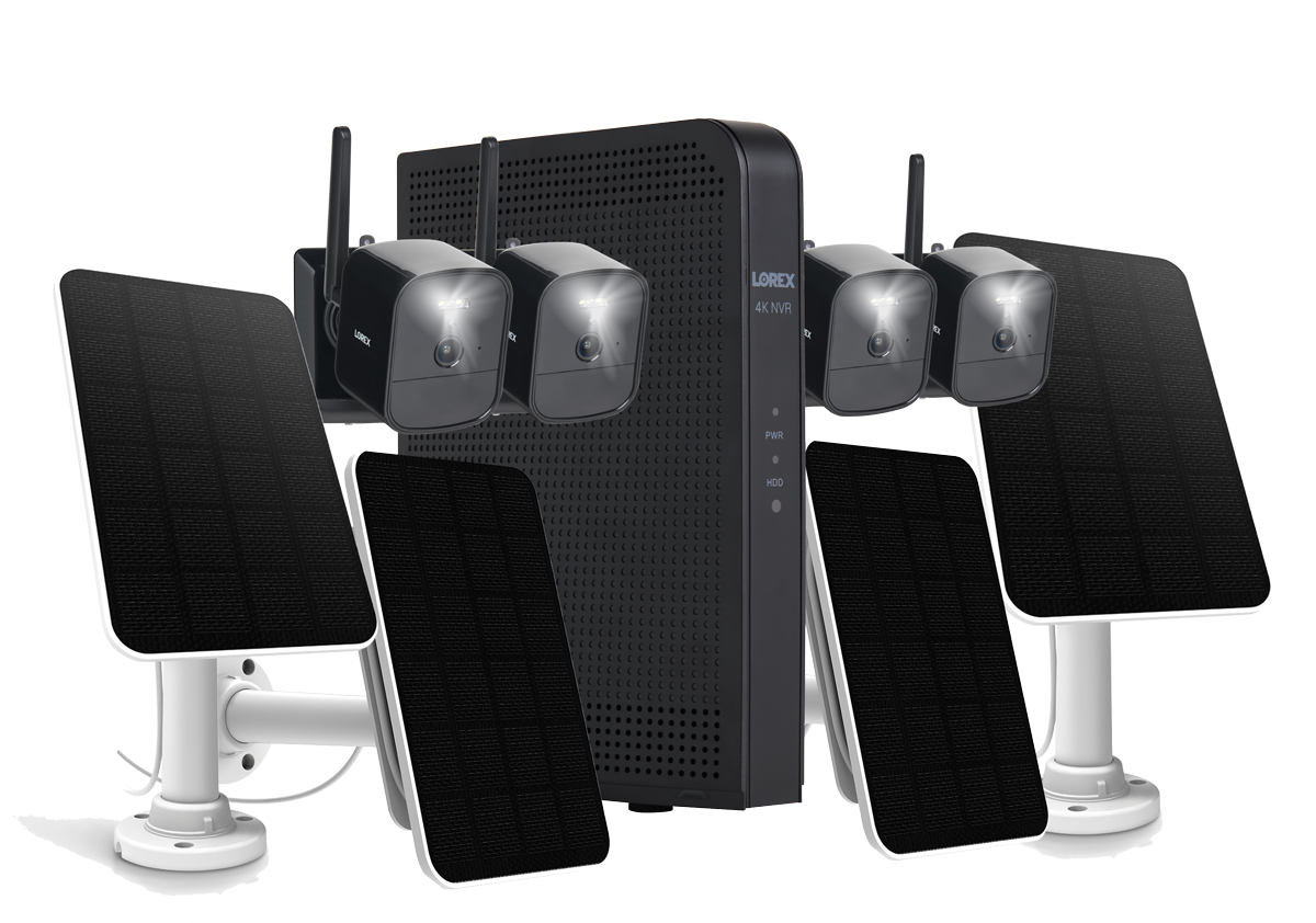 Lorex 4K NVR System with 4 Black Battery-Operated Cameras with 4 Solar Panels