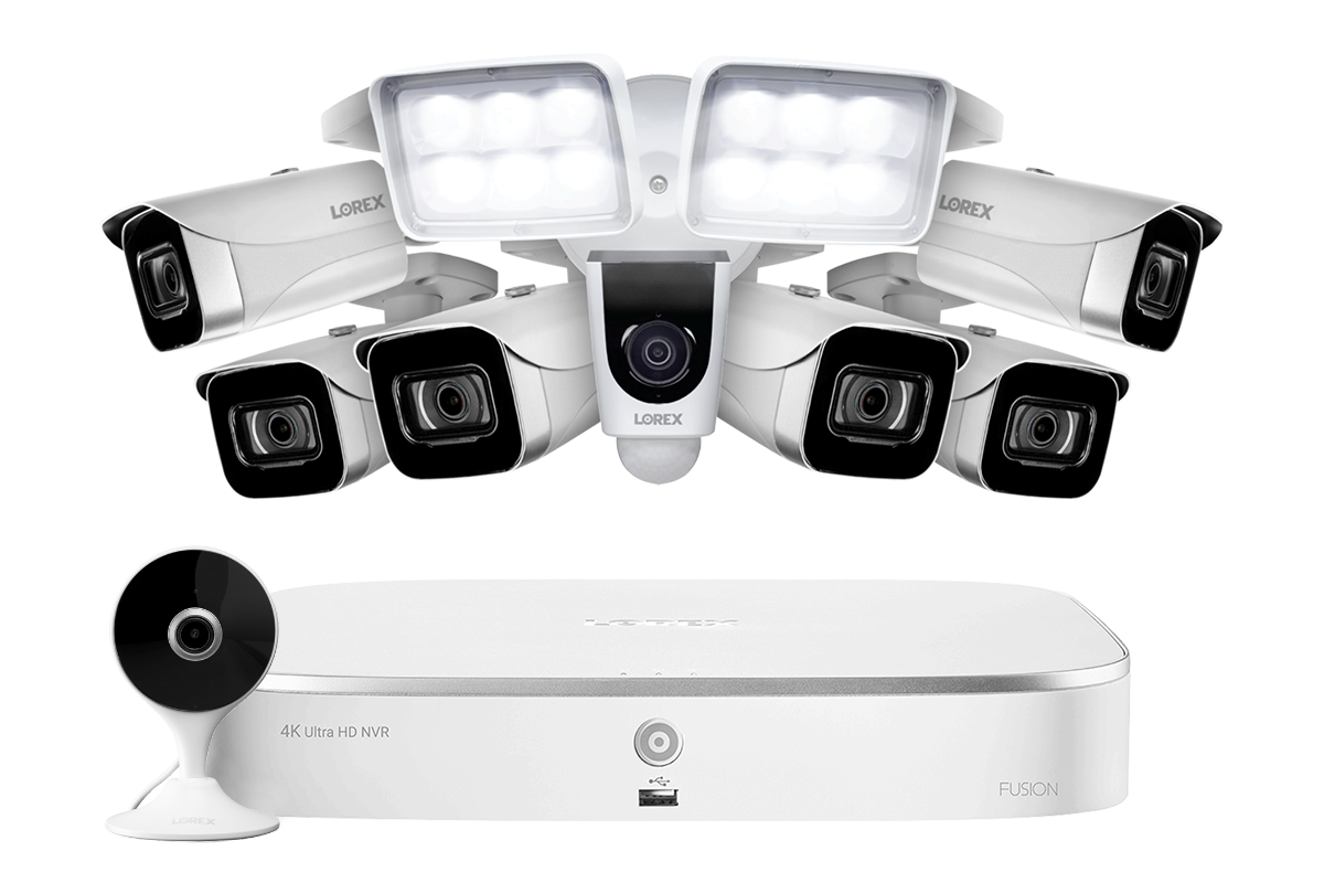Lorex Fusion 4K 16 Camera Capable (8 Wired + 8 Wi-Fi) 2TB NVR System with 6 IP Bullet Cameras, 2K Indoor Wi-Fi Security Camera and Wi-Fi Floodlight Camera
