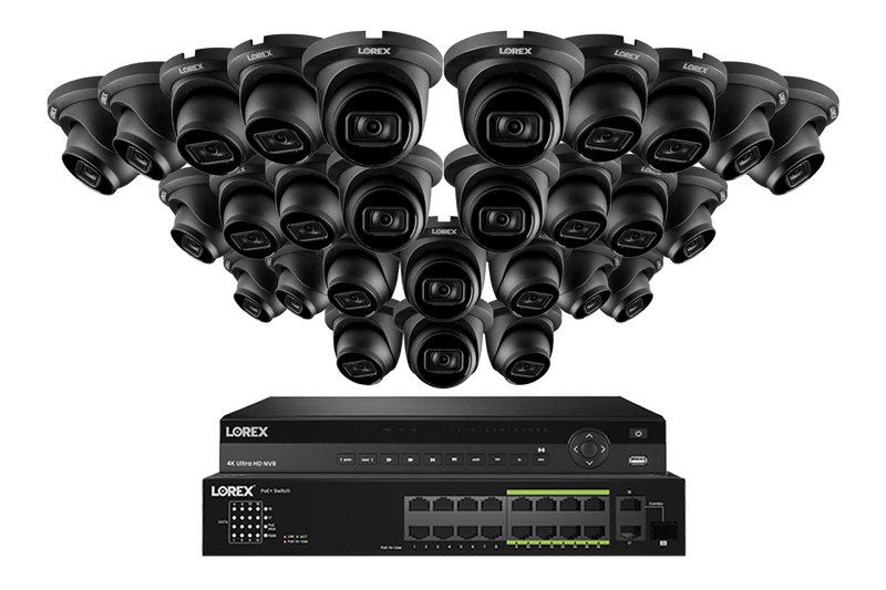 Lorex 4K (32 Camera Capable) 8TB Wired NVR System with Nocturnal 3 28 Black Smart IP Dome Cameras Featuring Listen-In Audio and 30FPS Recording