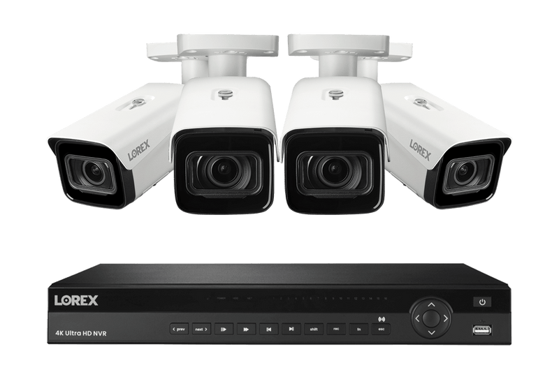 Lorex 4K (16 Camera Capable) 4TB Wired NVR System with Nocturnal 4 Smart IP Bullet Cameras Featuring Motorized Varifocal Lens, Vandal Resistant and 30FPS - White 4
