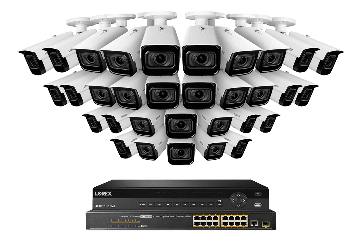 Lorex 4K 32-Channel 8TB Wired NVR System with Nocturnal 3 Smart IP Bullet Cameras Featuring Motorized Varifocal Lens and 30FPS Recording