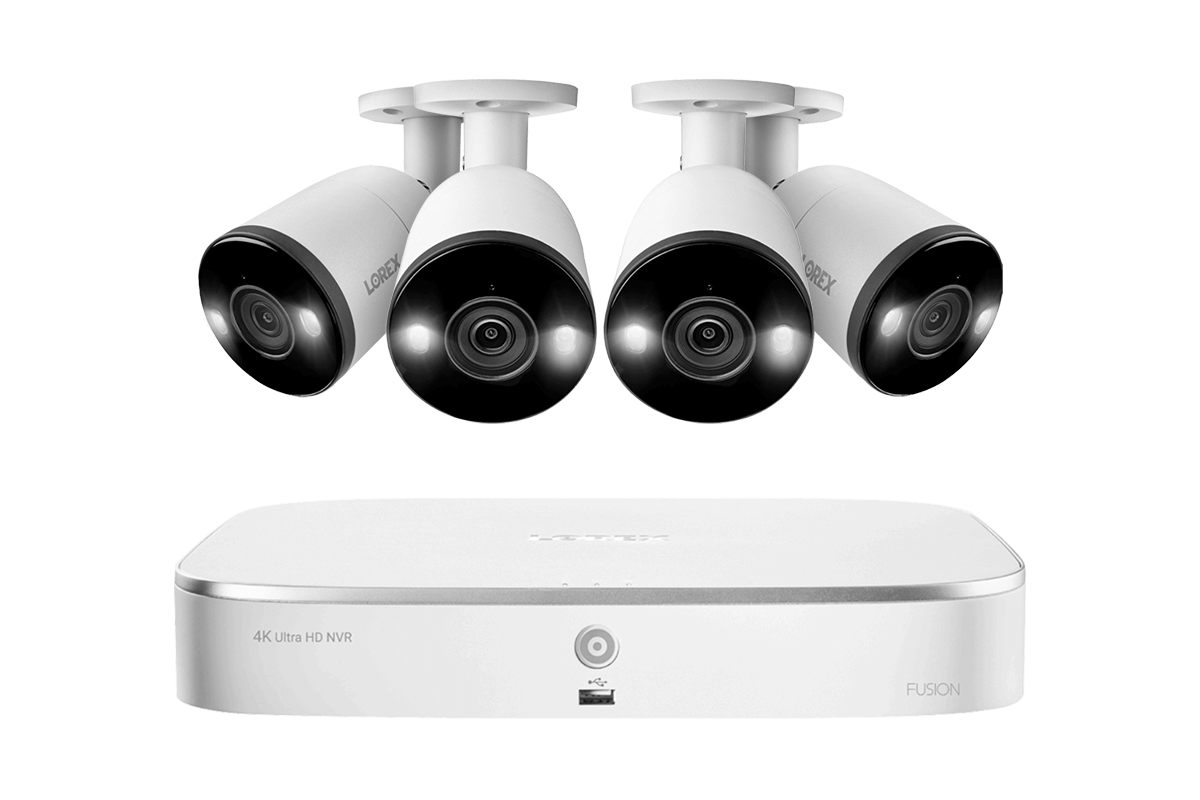 Lorex Fusion 4K 16-Channel (8 Wired + 8 Wi-Fi) NVR System with 4 Bullet Cameras Featuring Smart Deterrence and 2-Way Audio
