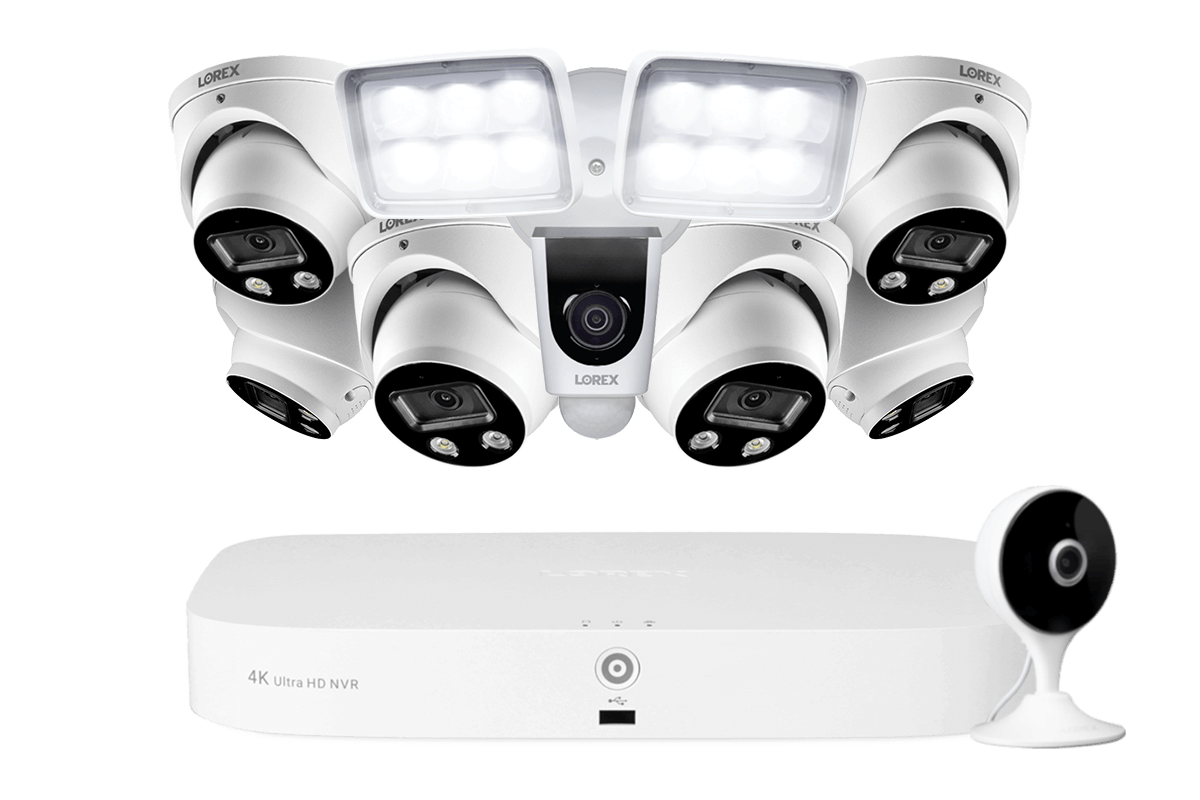 Lorex Fusion 4K 8-Channel 2TB Wired NVR System with Six 4K IP Dome Cameras + 2K Indoor Wi-Fi Security Camera and Wi-Fi Floodlight Camera