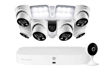 Lorex Fusion 4K 8-Channel 2TB Wired NVR System with Six 4K IP Dome Cameras + 2K Indoor Wi-Fi Security Camera and Wi-Fi Floodlight Camera