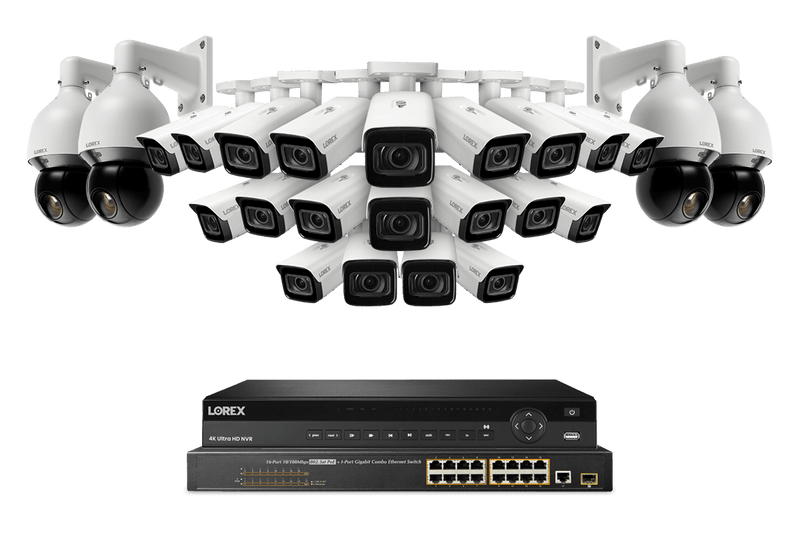 Lorex Nocturnal 4 4K (32 Camera Capable) 8TB NVR System with 20 Smart IP Bullet Cameras and 4 Pan Tilt Zoom IP Cameras - White