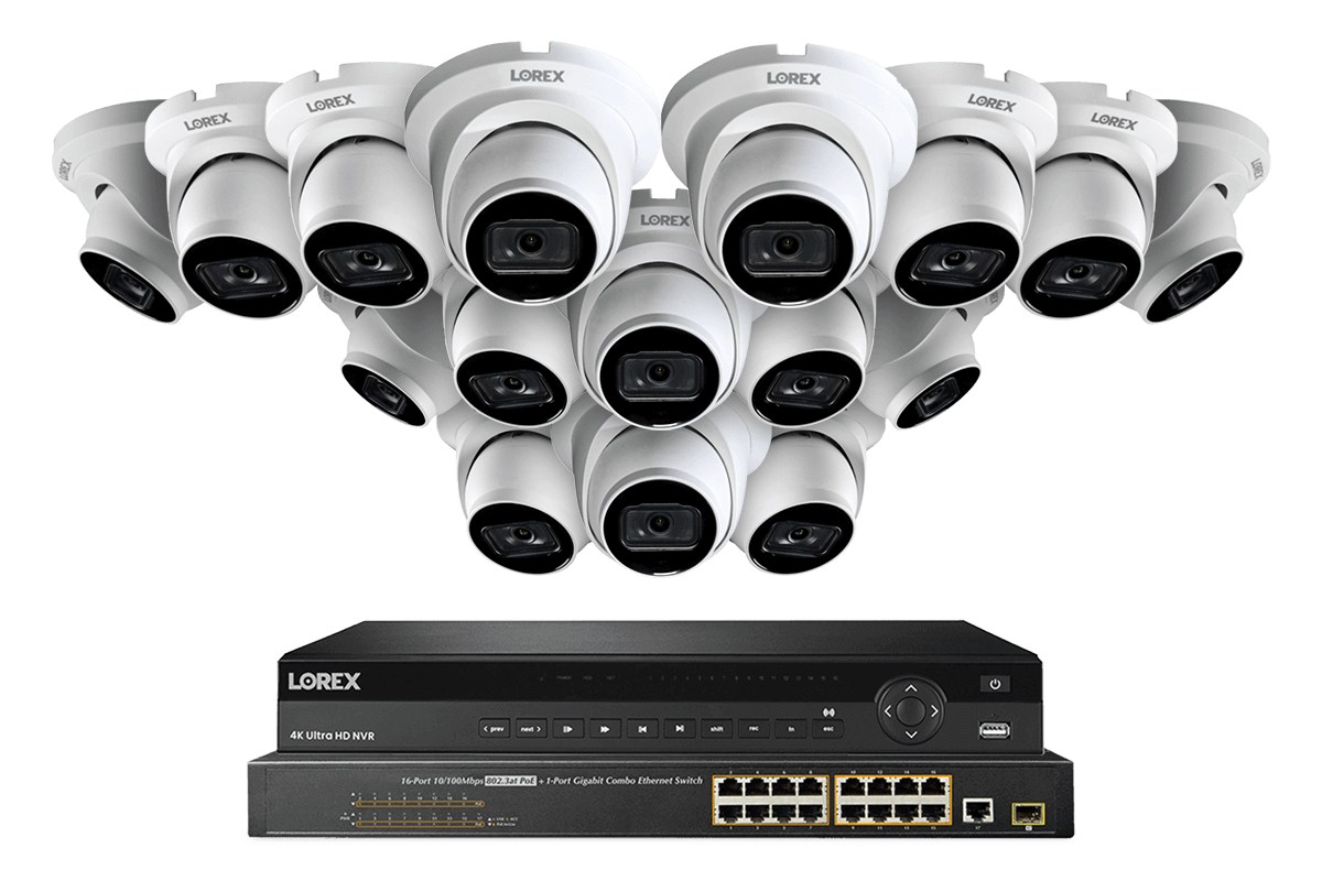 32-Channel Nocturnal NVR System with Sixteen 4K (8MP) Smart IP Dome Security Cameras with Real-Time 30FPS Recording and Listen-in Audio