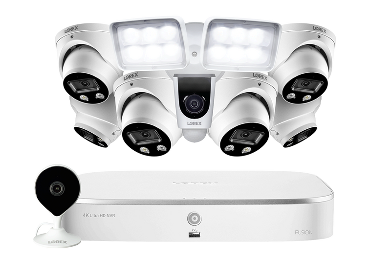 8-Channel NVR Fusion System with Six 4K Smart Deterrence IP Dome Security Cameras, Wi-Fi Floodlight and Indoor Camera