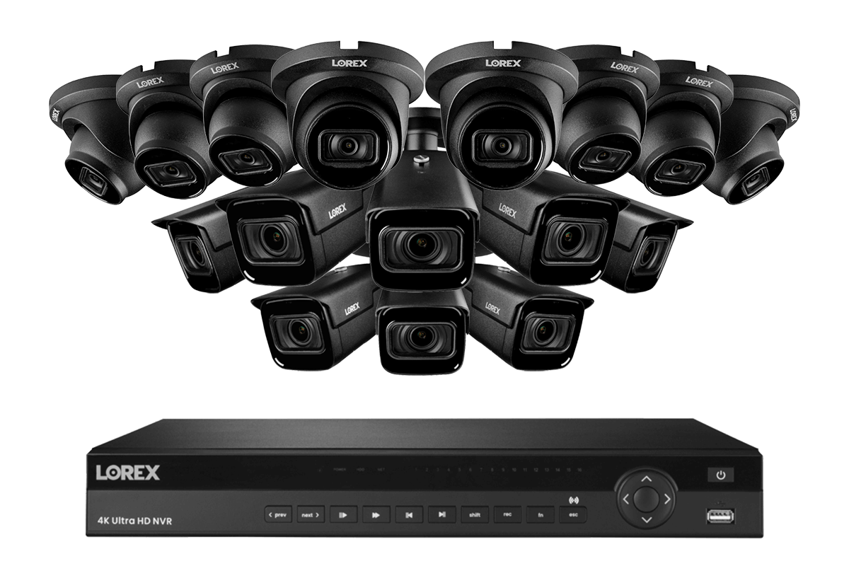 Lorex Nocturnal 4K 16-Channel 4TB Wired NVR System with 8 Smart IP Bullet Cameras and 8 Smart IP Dome Cameras, 30FPS Recording and Listen In Audio - Black