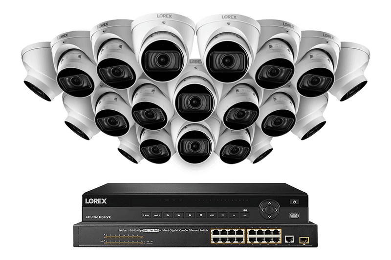 32-Channel Nocturnal NVR System with Twenty 4K (8MP) Smart IP Optical Zoom Dome Security Cameras with Real-Time 30FPS Recording and Listen-in Audio