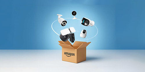Lorex security cameras and floodlight camera floating above an Amazon box for Prime Day deals promotion.