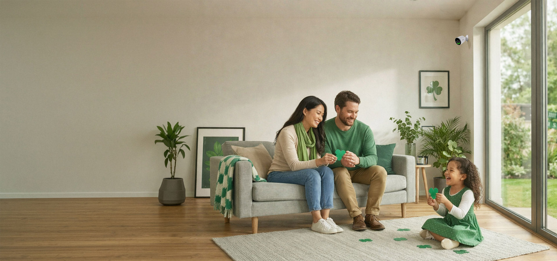 Family sitting in a living room with a child playing with shamrock shapes while a Lorex security camera is mounted near a large window