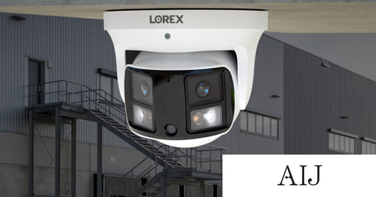 Lorex Connect X3 dual-lens panoramic AI security camera installed outside a commercial building, featured in AI Journal's coverage of AI-powered business security.