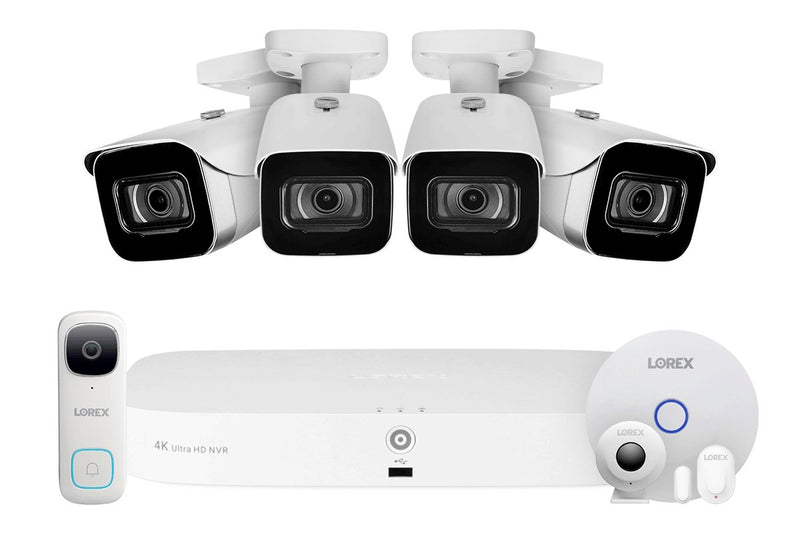 8-Channel NVR Fusion System with Four 4K (8MP) IP Cameras, 2K Wi-Fi Video Doorbell, and Smart Sensor Starter Kit - Lorex Technology Inc.